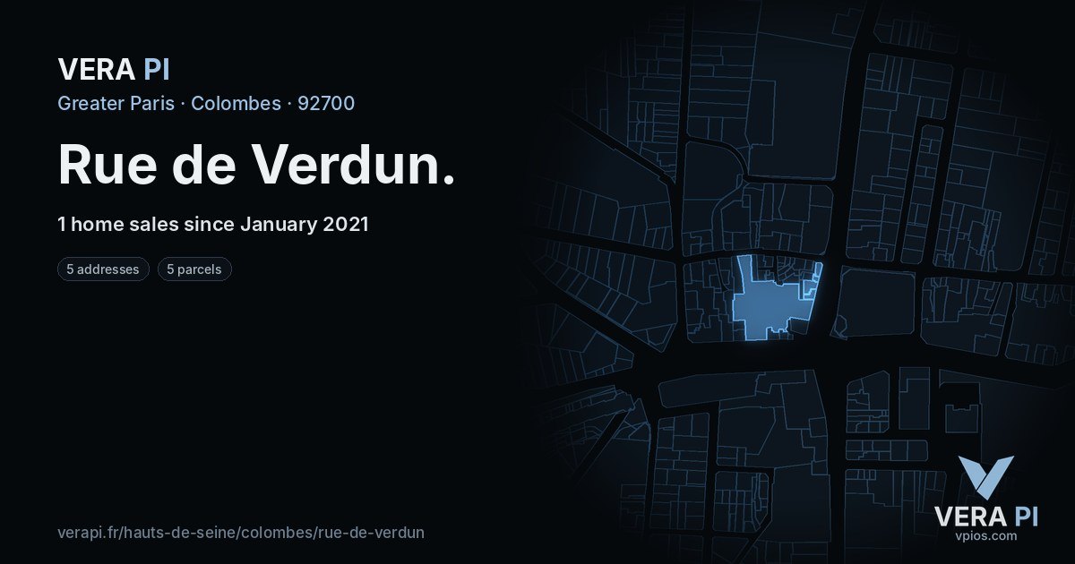 Rue de Verdun, Colombes at night – every parcel coloured by the prices around it, the street's own parcels lit