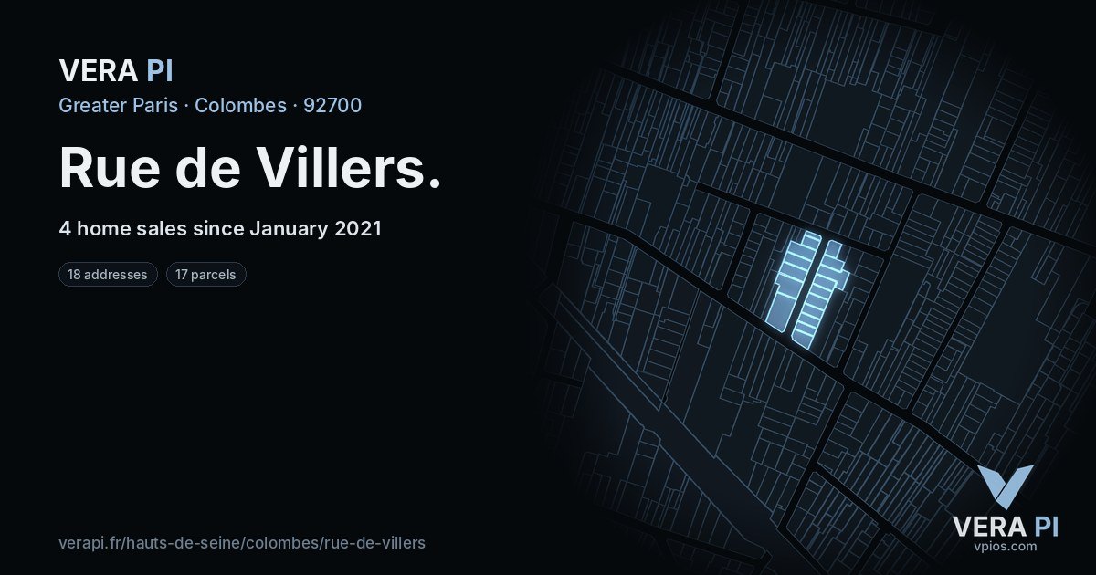 Rue de Villers, Colombes at night – every parcel coloured by the prices around it, the street's own parcels lit