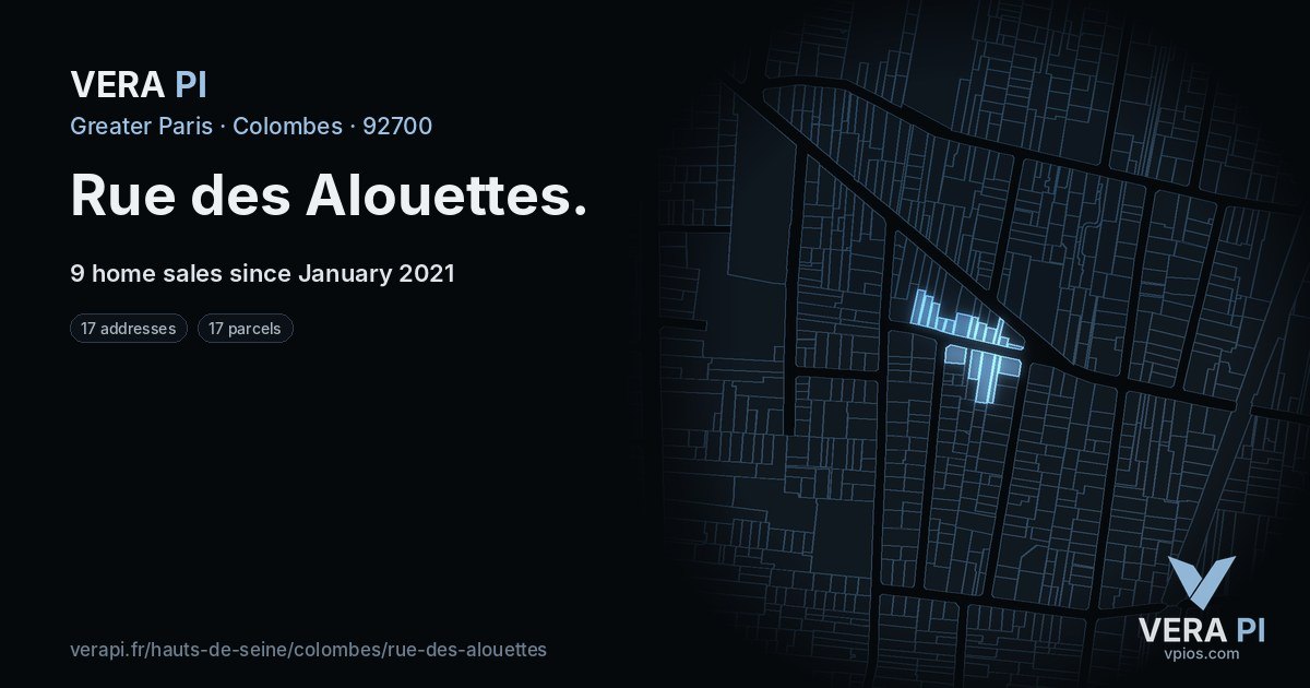 Rue des Alouettes, Colombes at night – every parcel coloured by the prices around it, the street's own parcels lit