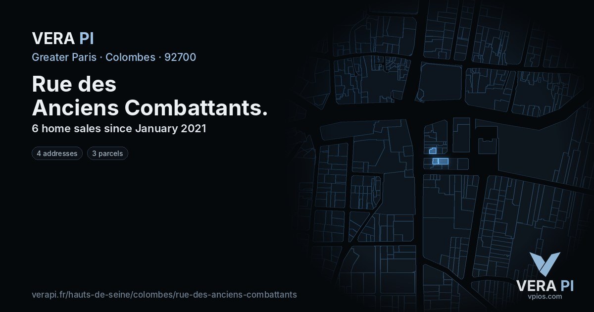 Rue des Anciens Combattants, Colombes at night – every parcel coloured by the prices around it, the street's own parcels lit