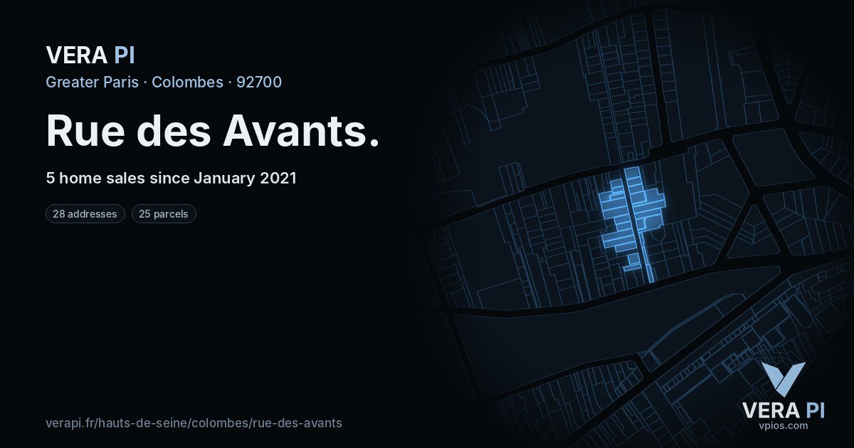 Rue des Avants, Colombes at night – every parcel coloured by the prices around it, the street's own parcels lit