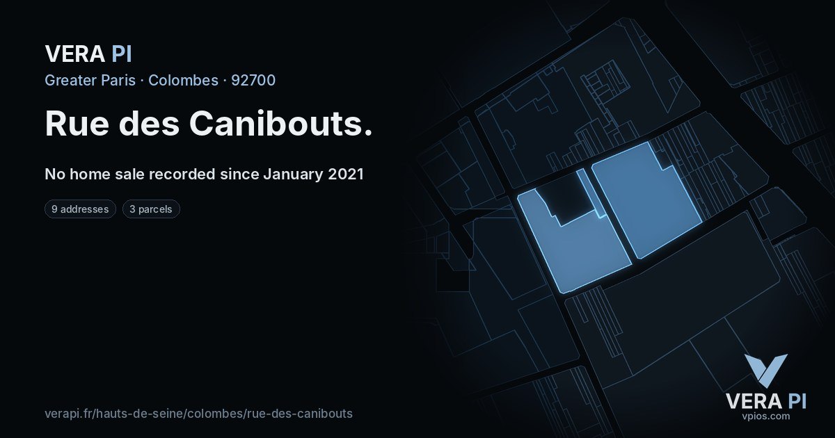 Rue des Canibouts, Colombes at night – every parcel coloured by the prices around it, the street's own parcels lit