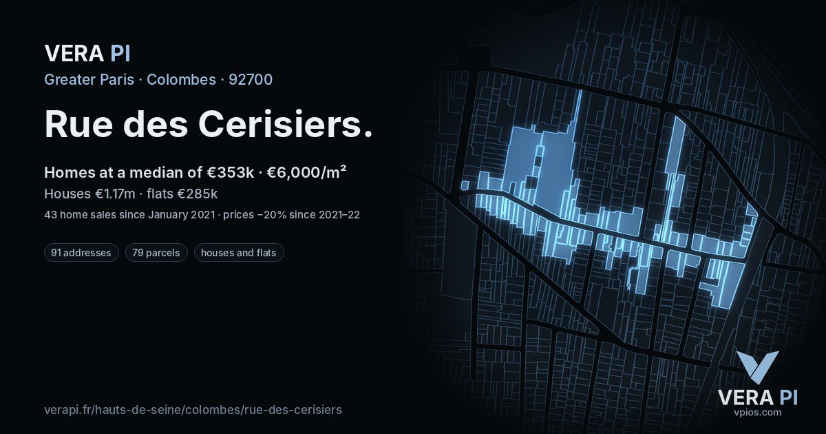 Rue des Cerisiers, Colombes at night – every parcel coloured by the prices around it, the street's own parcels lit