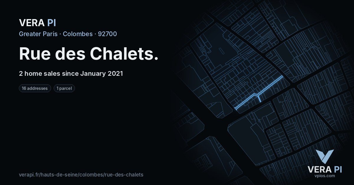 Rue des Chalets, Colombes at night – every parcel coloured by the prices around it, the street's own parcels lit