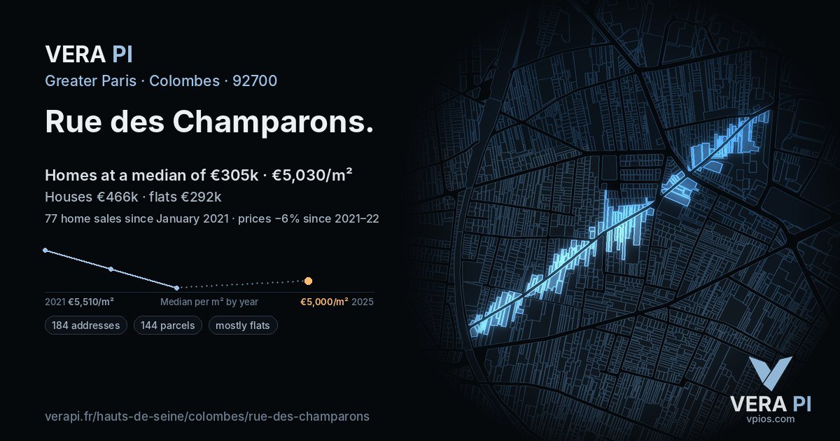 Rue des Champarons, Colombes at night – every parcel coloured by the prices around it, the street's own parcels lit