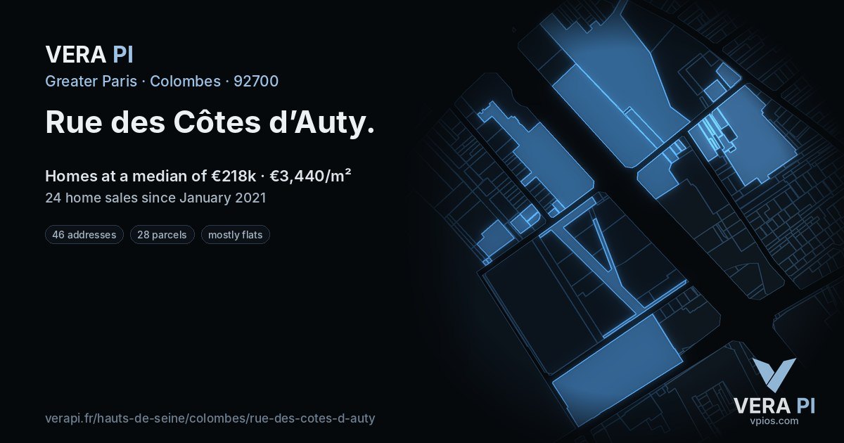 Rue des Côtes d’Auty, Colombes at night – every parcel coloured by the prices around it, the street's own parcels lit