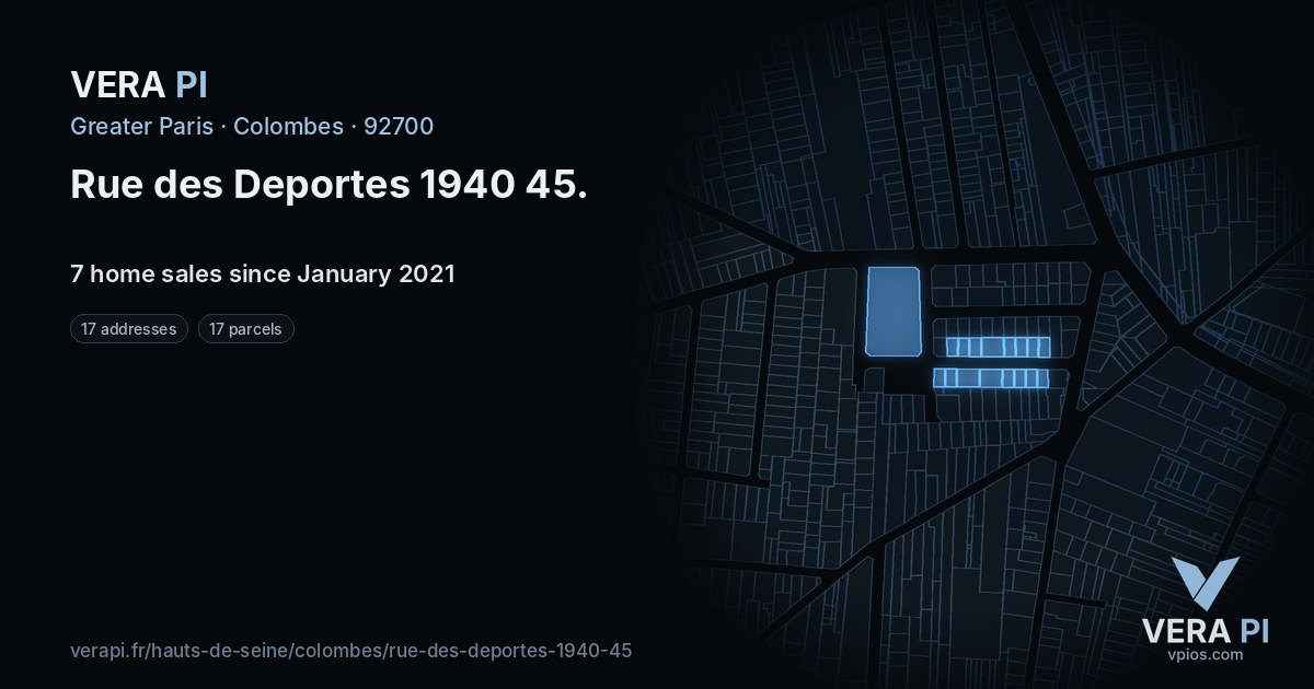 Rue des Deportes 1940 45, Colombes at night – every parcel coloured by the prices around it, the street's own parcels lit