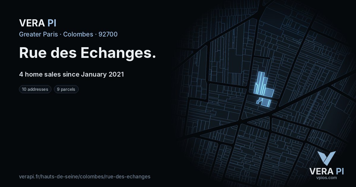 Rue des Echanges, Colombes at night – every parcel coloured by the prices around it, the street's own parcels lit