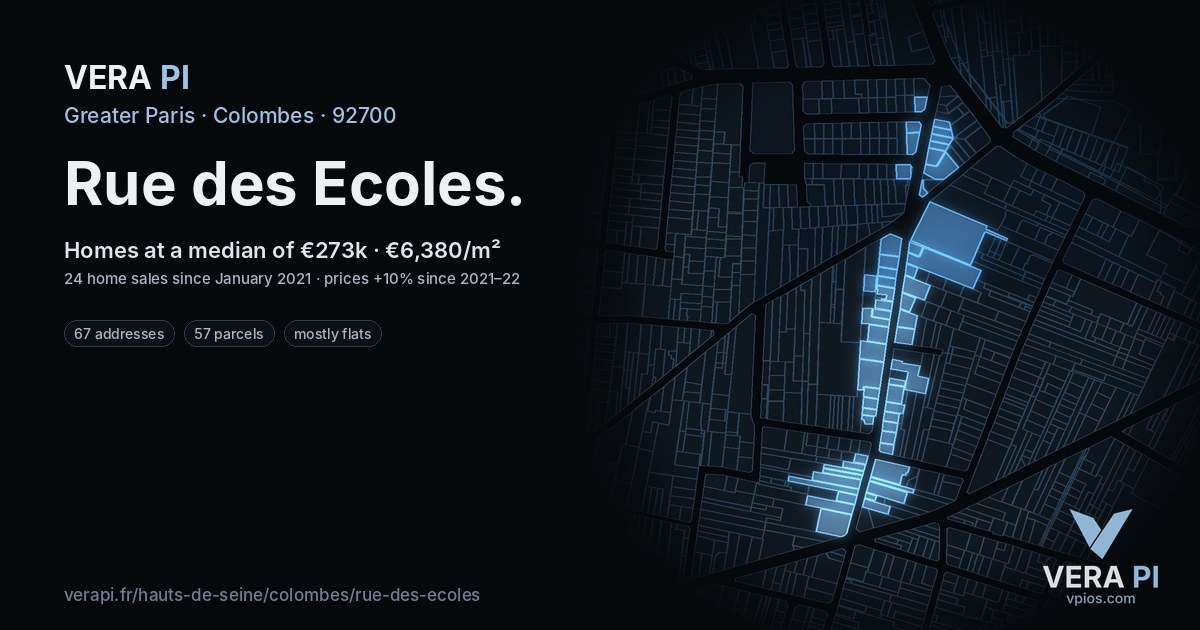 Rue des Ecoles, Colombes at night – every parcel coloured by the prices around it, the street's own parcels lit