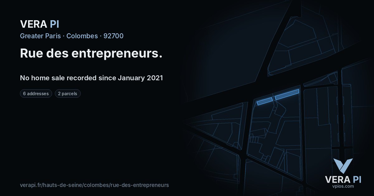 Rue des entrepreneurs, Colombes at night – every parcel coloured by the prices around it, the street's own parcels lit