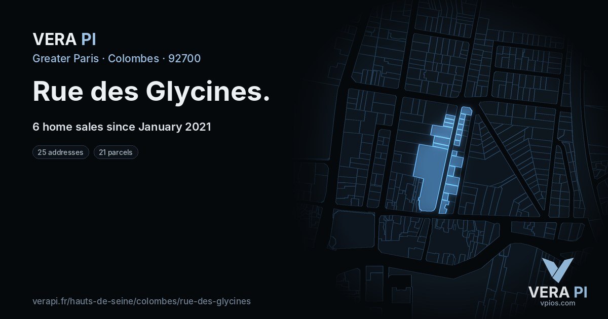 Rue des Glycines, Colombes at night – every parcel coloured by the prices around it, the street's own parcels lit