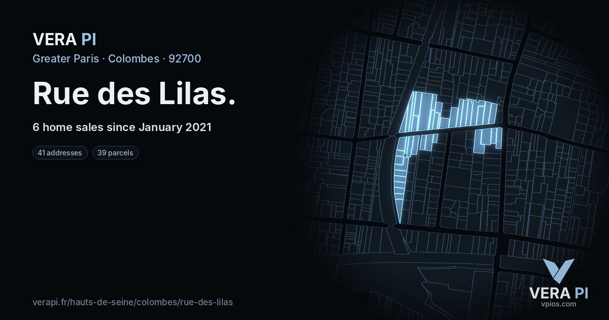 Rue des Lilas, Colombes at night – every parcel coloured by the prices around it, the street's own parcels lit