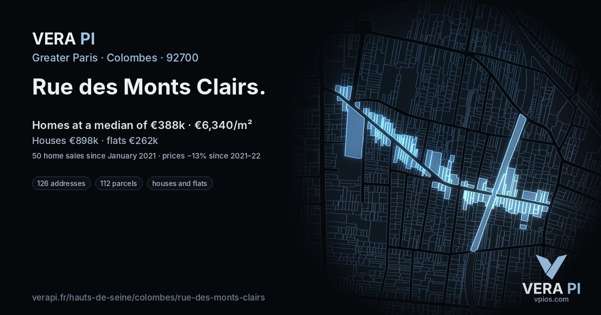 Rue des Monts Clairs, Colombes at night – every parcel coloured by the prices around it, the street's own parcels lit