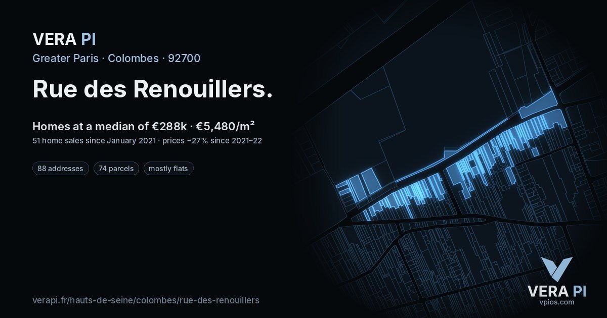 Rue des Renouillers, Colombes at night – every parcel coloured by the prices around it, the street's own parcels lit