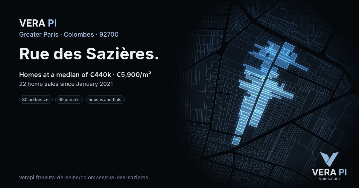 Rue des Sazières, Colombes at night – every parcel coloured by the prices around it, the street's own parcels lit