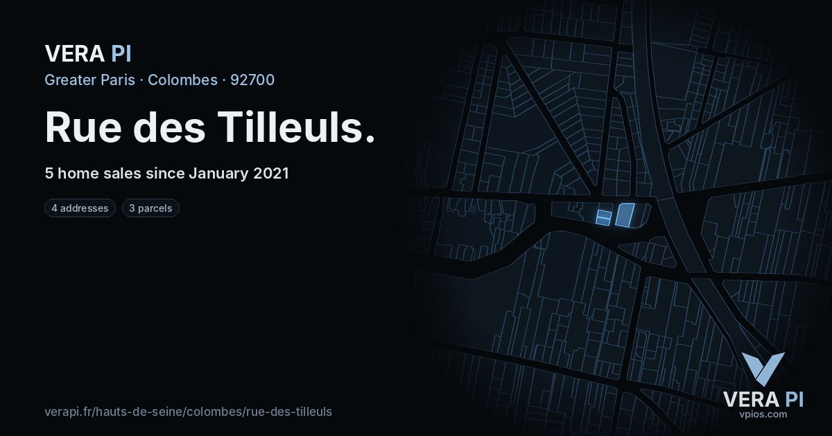 Rue des Tilleuls, Colombes at night – every parcel coloured by the prices around it, the street's own parcels lit
