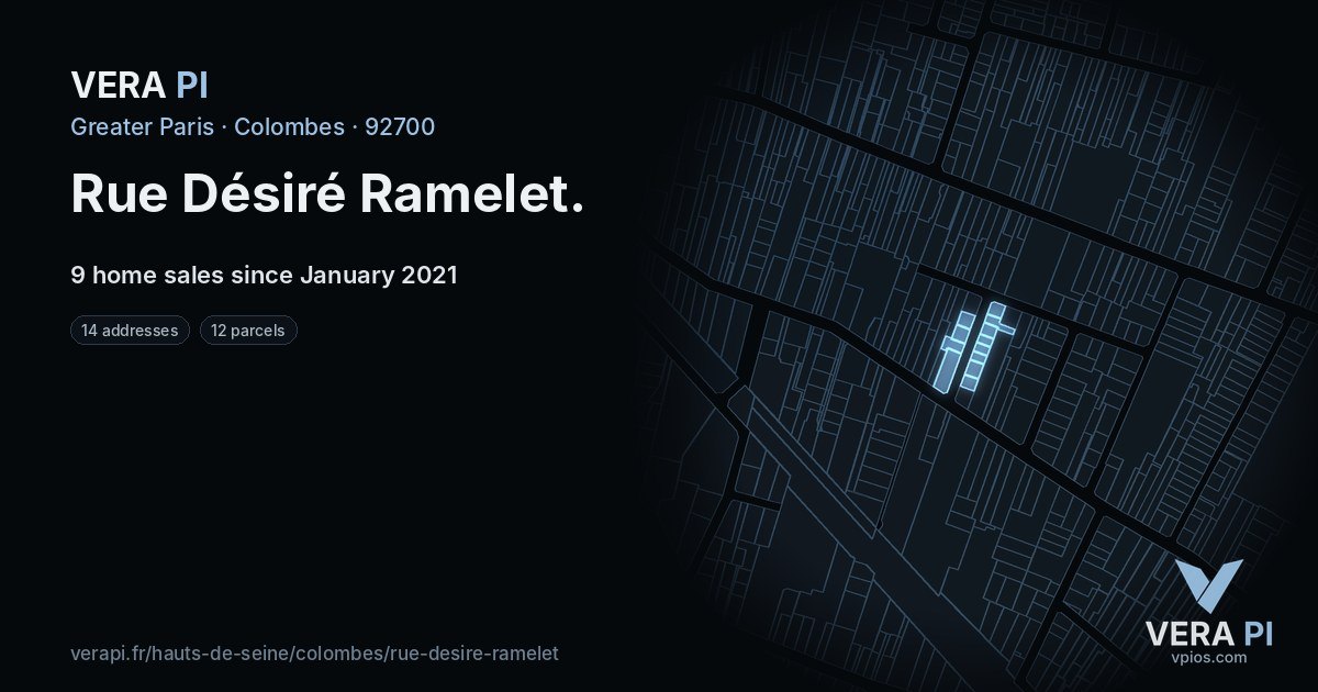 Rue Désiré Ramelet, Colombes at night – every parcel coloured by the prices around it, the street's own parcels lit