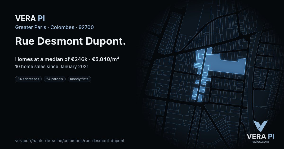 Rue Desmont Dupont, Colombes at night – every parcel coloured by the prices around it, the street's own parcels lit