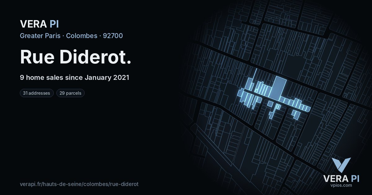 Rue Diderot, Colombes at night – every parcel coloured by the prices around it, the street's own parcels lit