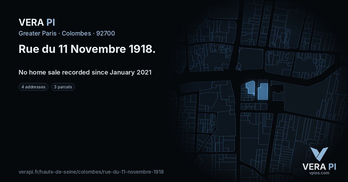 Rue du 11 Novembre 1918, Colombes at night – every parcel coloured by the prices around it, the street's own parcels lit