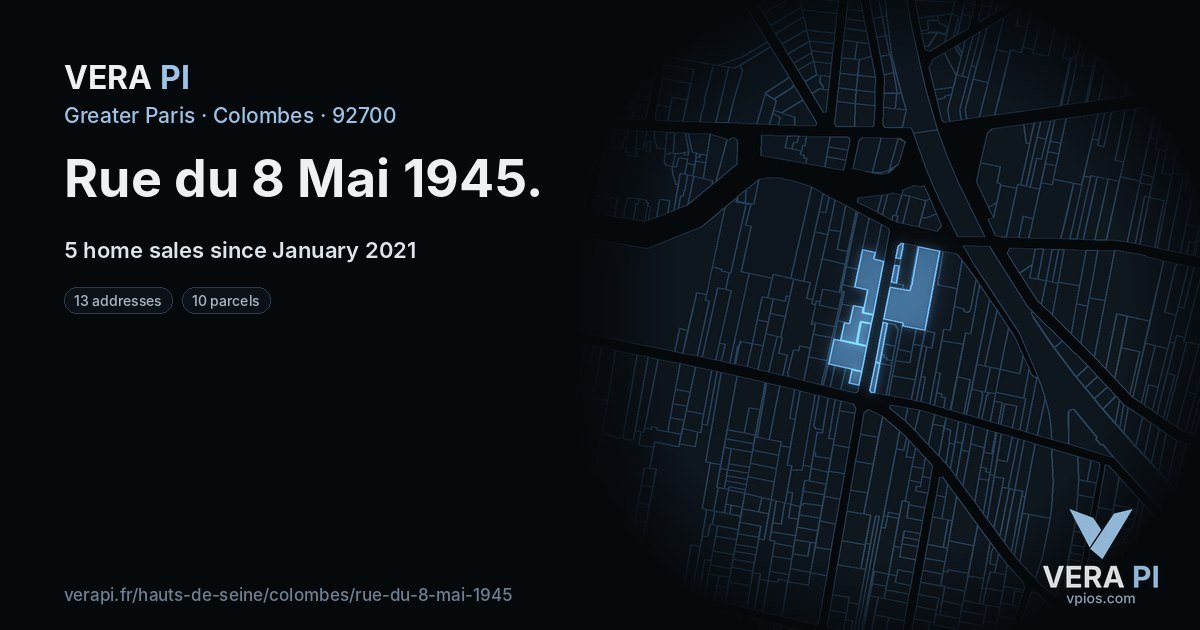 Rue du 8 Mai 1945, Colombes at night – every parcel coloured by the prices around it, the street's own parcels lit