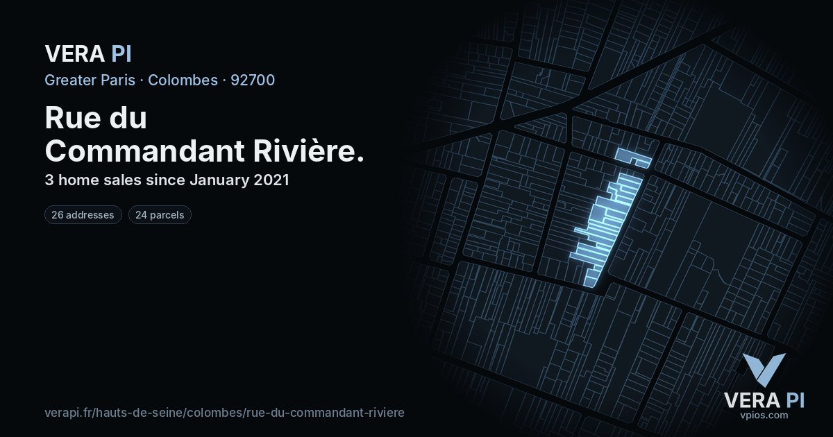 Rue du Commandant Rivière, Colombes at night – every parcel coloured by the prices around it, the street's own parcels lit