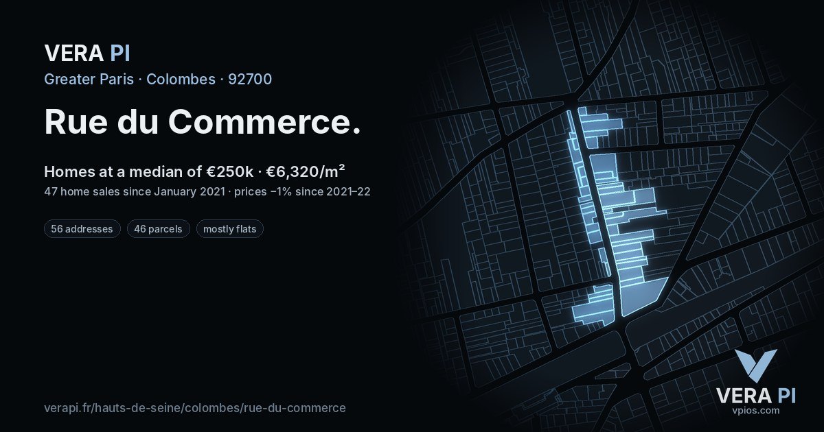 Rue du Commerce, Colombes at night – every parcel coloured by the prices around it, the street's own parcels lit