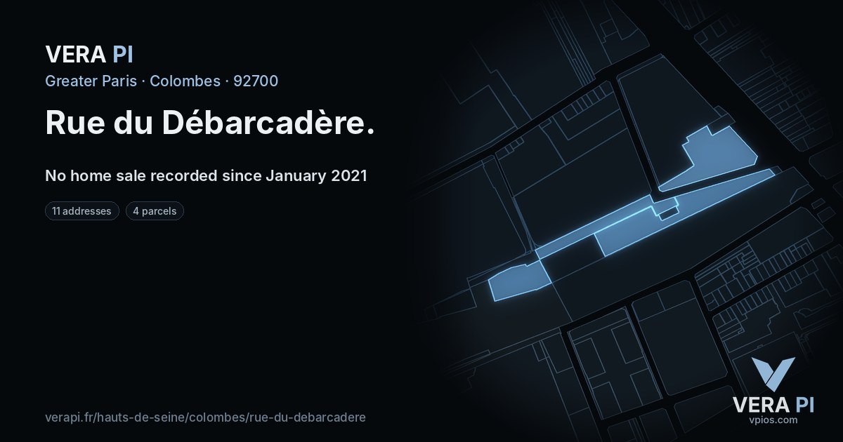 Rue du Débarcadère, Colombes at night – every parcel coloured by the prices around it, the street's own parcels lit