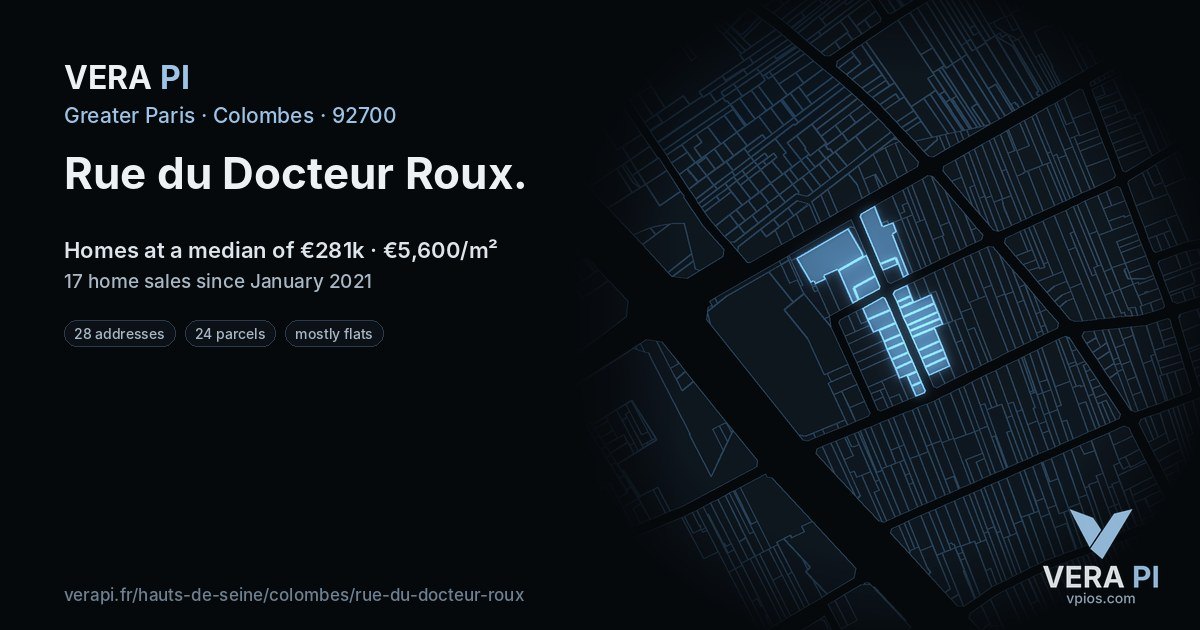 Rue du Docteur Roux, Colombes at night – every parcel coloured by the prices around it, the street's own parcels lit