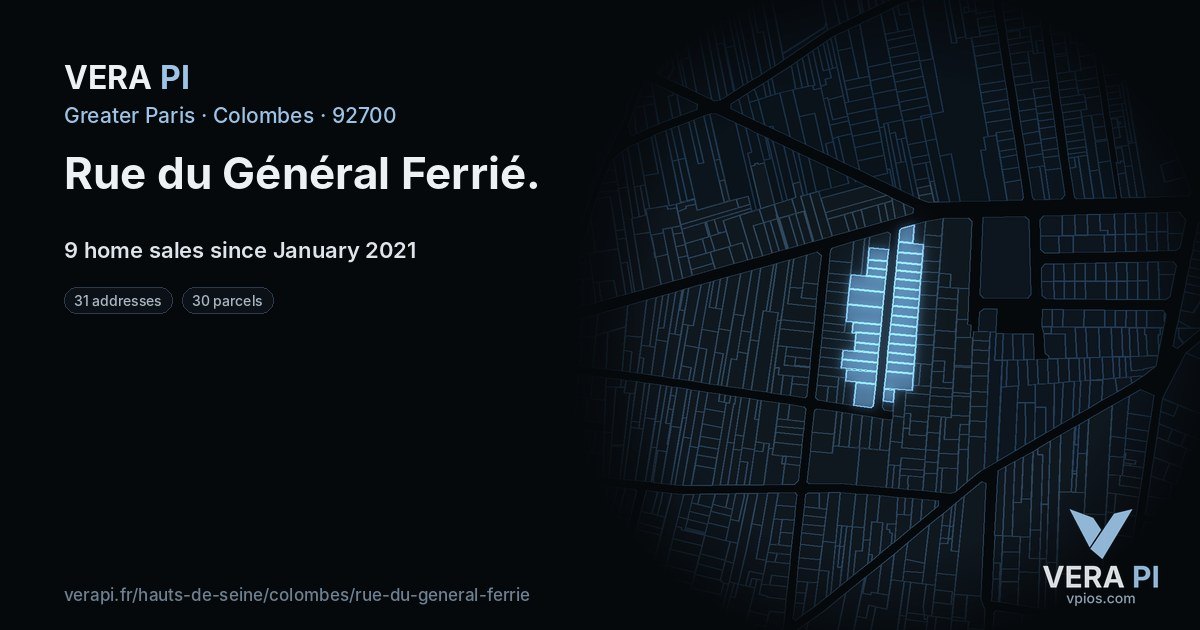 Rue du Général Ferrié, Colombes at night – every parcel coloured by the prices around it, the street's own parcels lit