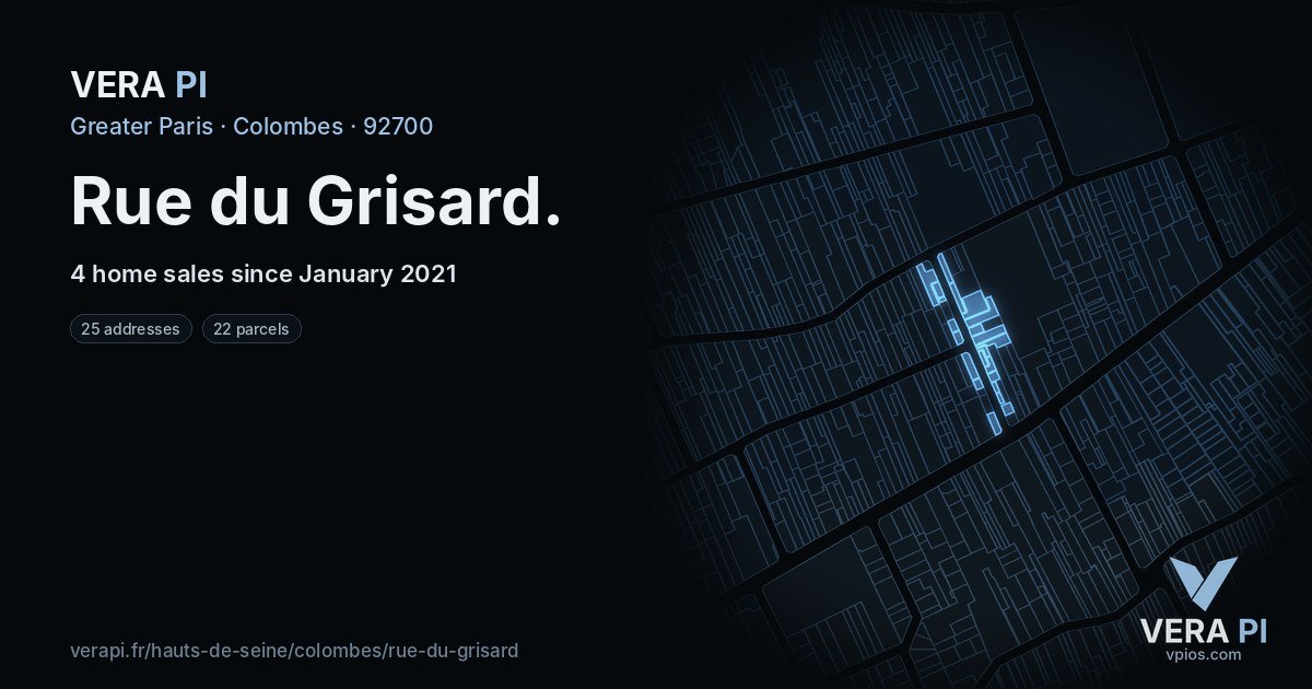 Rue du Grisard, Colombes at night – every parcel coloured by the prices around it, the street's own parcels lit