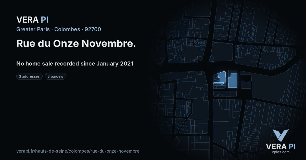 Rue du Onze Novembre, Colombes at night – every parcel coloured by the prices around it, the street's own parcels lit