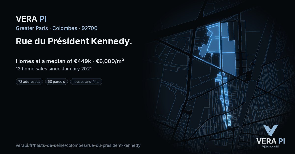 Rue du Président Kennedy, Colombes at night – every parcel coloured by the prices around it, the street's own parcels lit