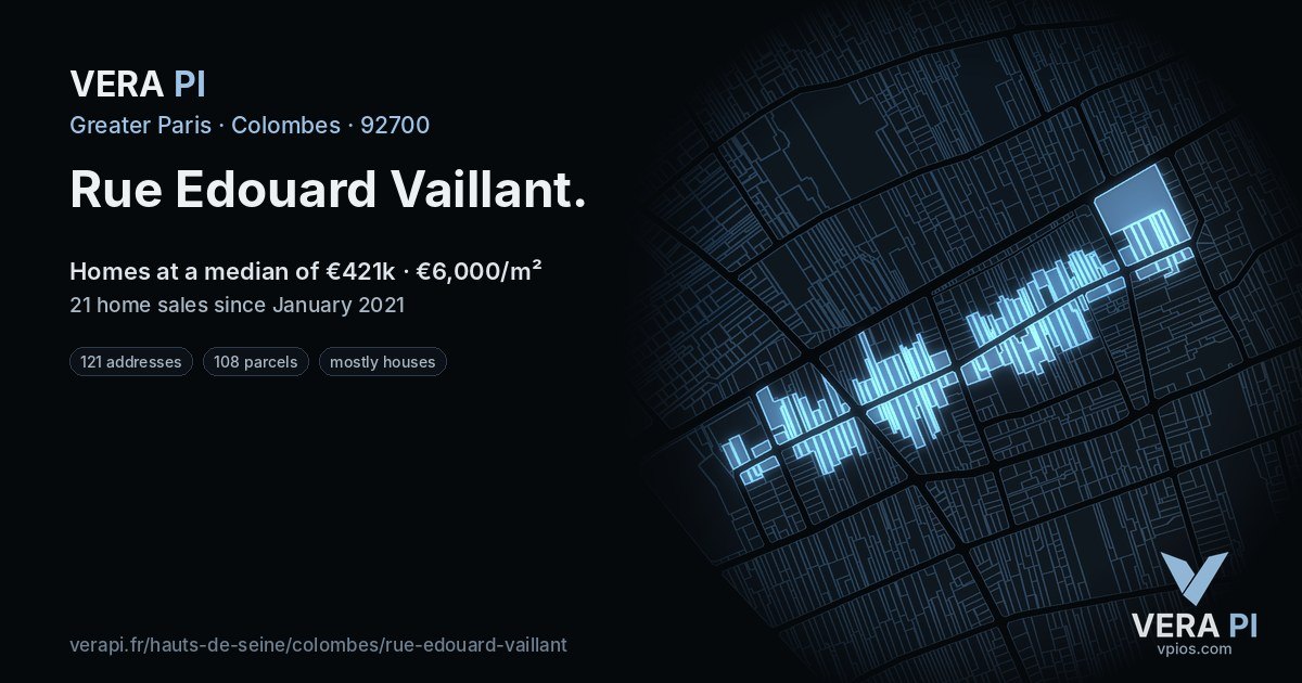 Rue Edouard Vaillant, Colombes at night – every parcel coloured by the prices around it, the street's own parcels lit