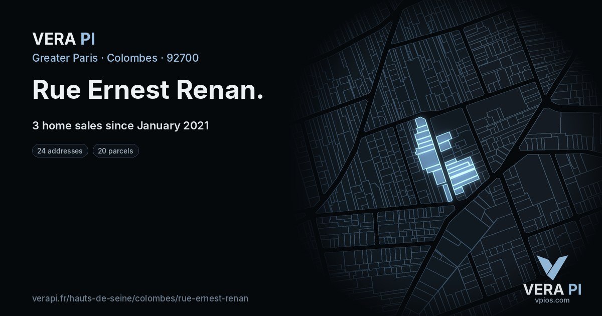 Rue Ernest Renan, Colombes at night – every parcel coloured by the prices around it, the street's own parcels lit