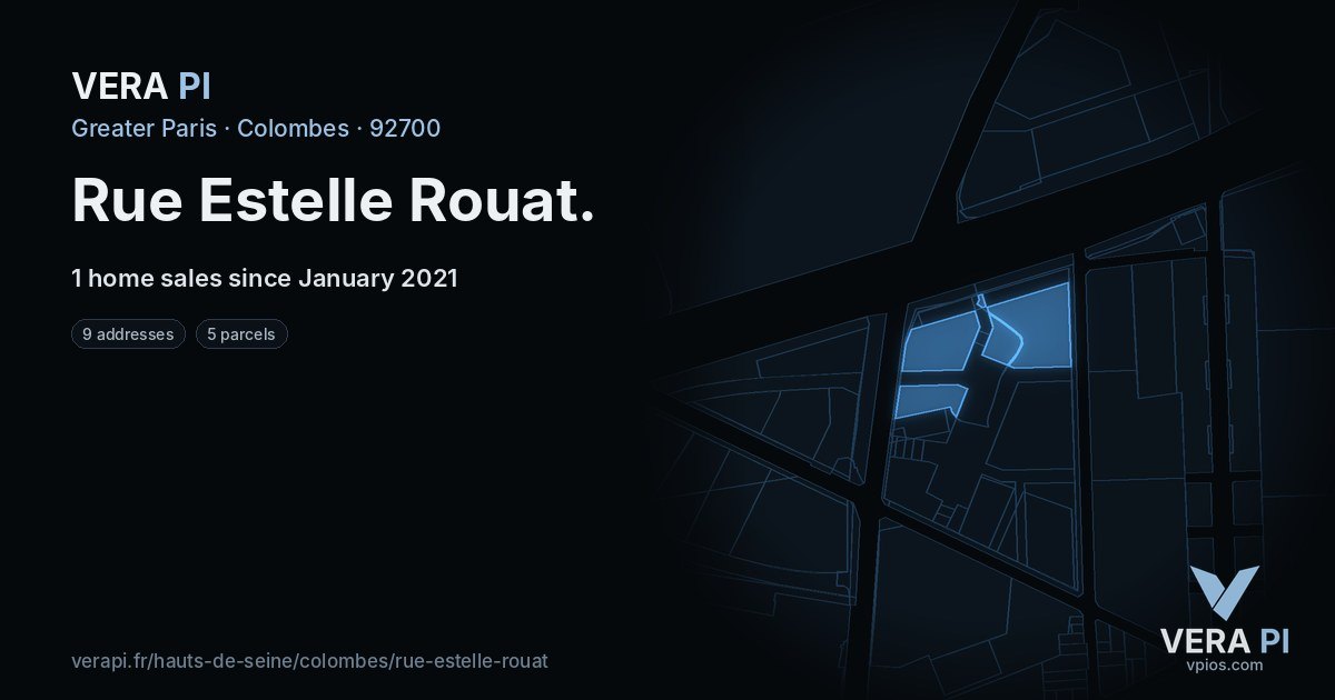 Rue Estelle Rouat, Colombes at night – every parcel coloured by the prices around it, the street's own parcels lit