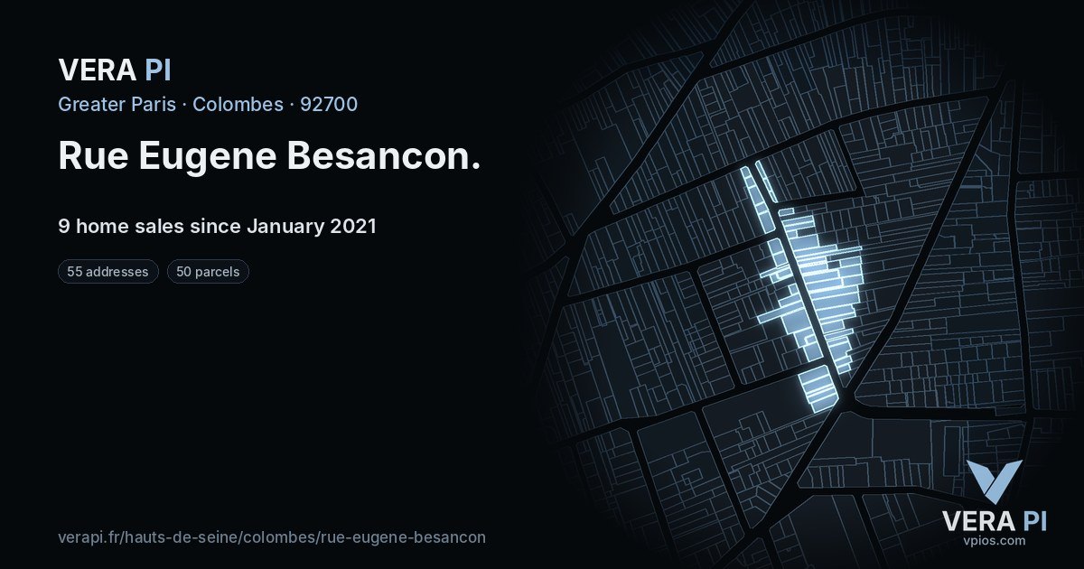 Rue Eugene Besancon, Colombes at night – every parcel coloured by the prices around it, the street's own parcels lit