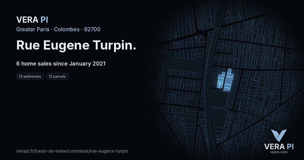 Rue Eugene Turpin, Colombes at night – every parcel coloured by the prices around it, the street's own parcels lit