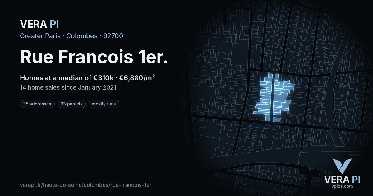 Rue Francois 1er, Colombes at night – every parcel coloured by the prices around it, the street's own parcels lit