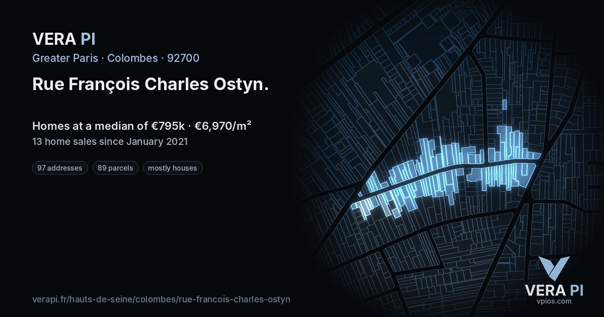 Rue François Charles Ostyn, Colombes at night – every parcel coloured by the prices around it, the street's own parcels lit