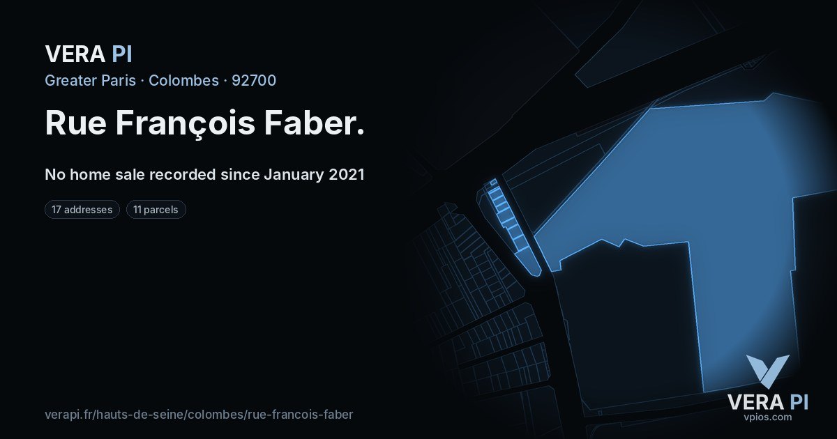 Rue François Faber, Colombes at night – every parcel coloured by the prices around it, the street's own parcels lit