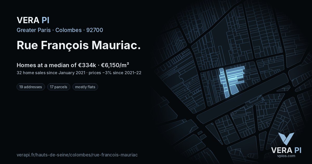 Rue François Mauriac, Colombes at night – every parcel coloured by the prices around it, the street's own parcels lit