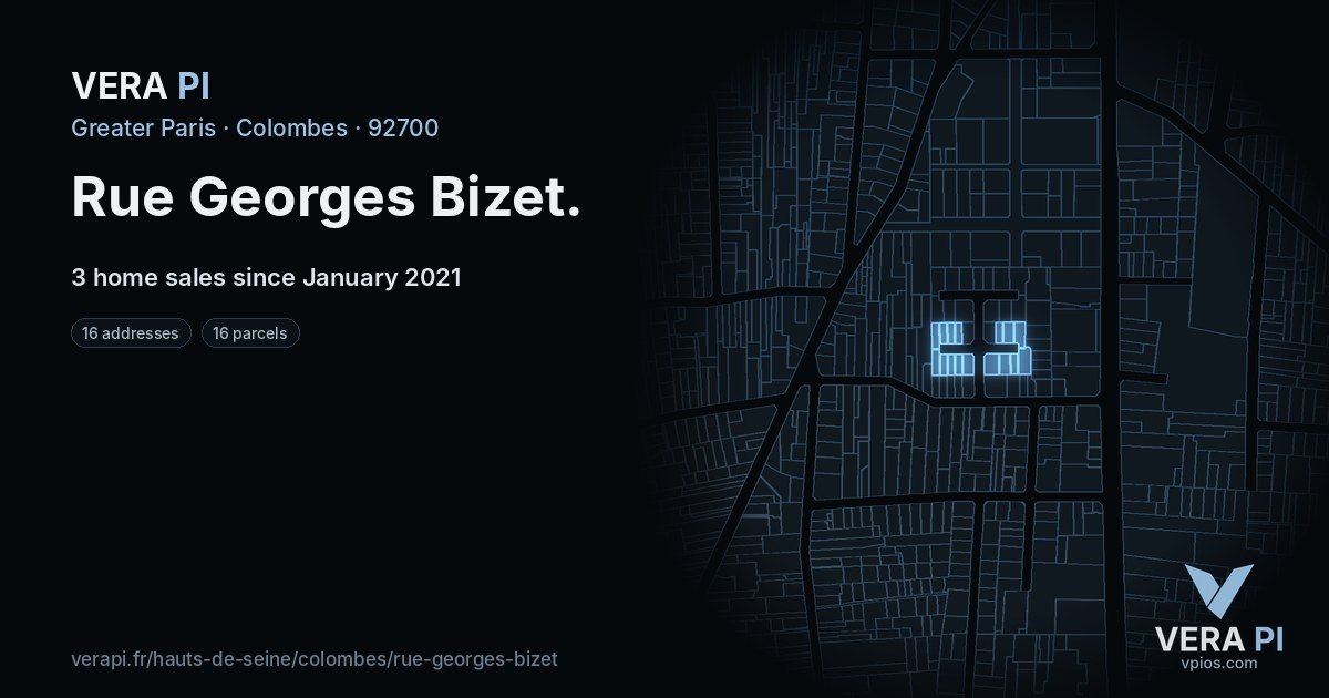 Rue Georges Bizet, Colombes at night – every parcel coloured by the prices around it, the street's own parcels lit