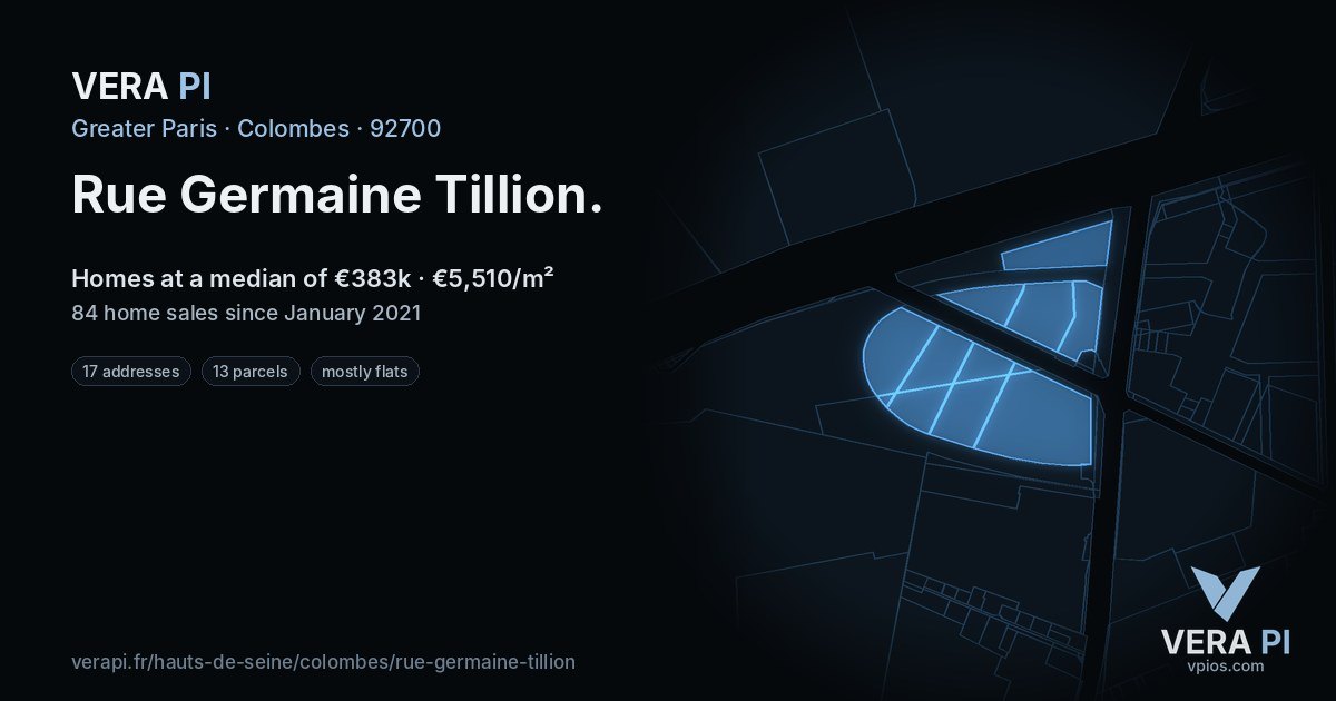 Rue Germaine Tillion, Colombes at night – every parcel coloured by the prices around it, the street's own parcels lit