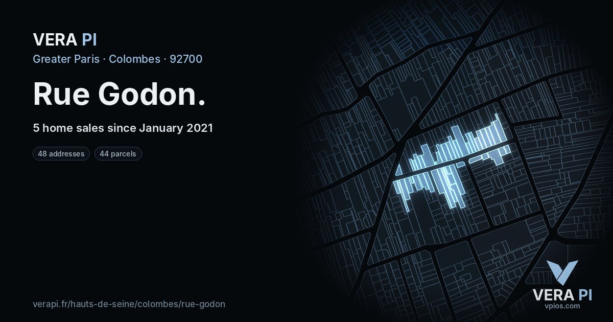 Rue Godon, Colombes at night – every parcel coloured by the prices around it, the street's own parcels lit