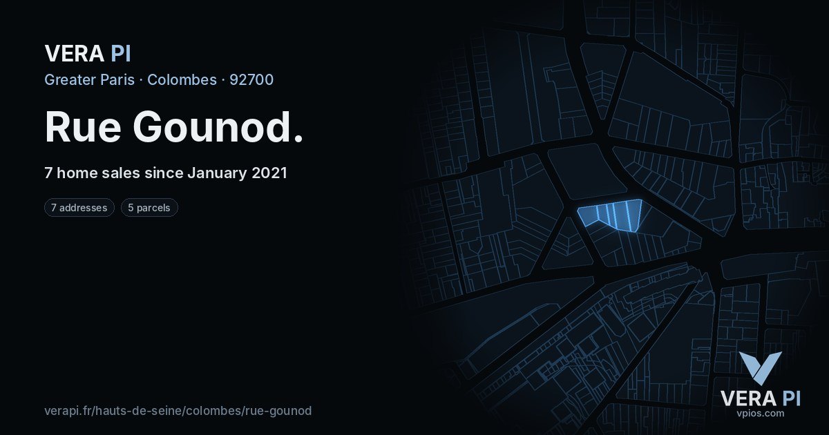 Rue Gounod, Colombes at night – every parcel coloured by the prices around it, the street's own parcels lit