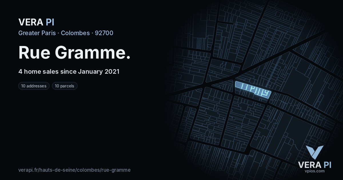 Rue Gramme, Colombes at night – every parcel coloured by the prices around it, the street's own parcels lit