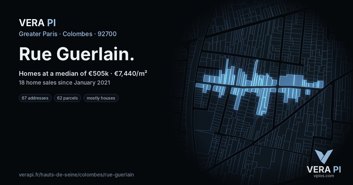 Rue Guerlain, Colombes at night – every parcel coloured by the prices around it, the street's own parcels lit