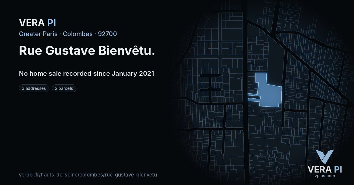Rue Gustave Bienvêtu, Colombes at night – every parcel coloured by the prices around it, the street's own parcels lit