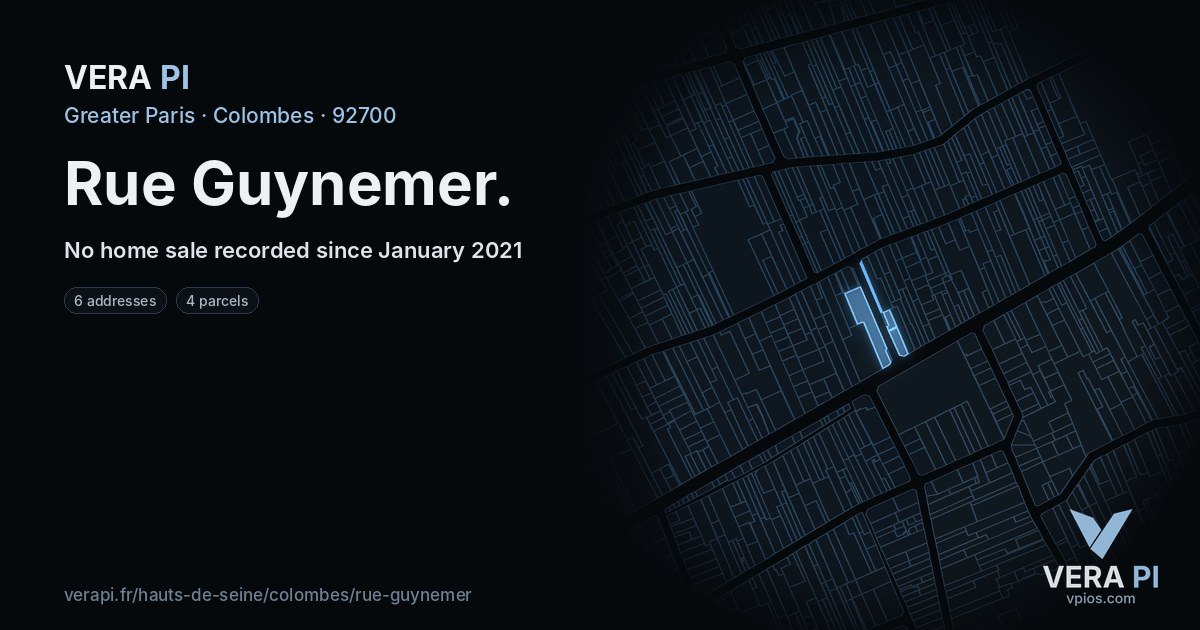 Rue Guynemer, Colombes at night – every parcel coloured by the prices around it, the street's own parcels lit